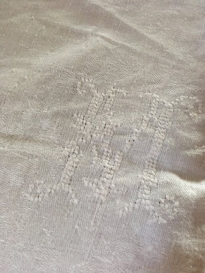 Old tablecloth damask monogrammed m n cross-stitch