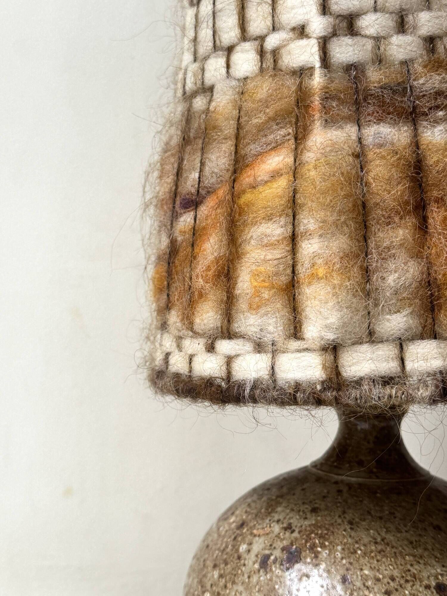 Ceramic table lamp in chamotte stoneware & wool, Alain Blanchard 1970