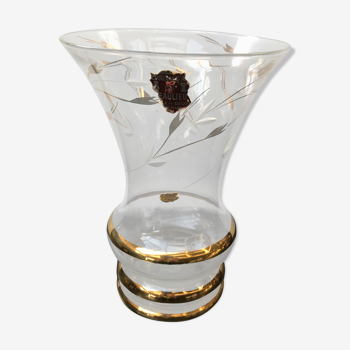 Vase verrerie d’art Beaulieu verre décor fleurs doré vintage