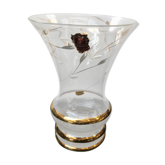 Vase verrerie d’art Beaulieu verre décor fleurs doré vintage