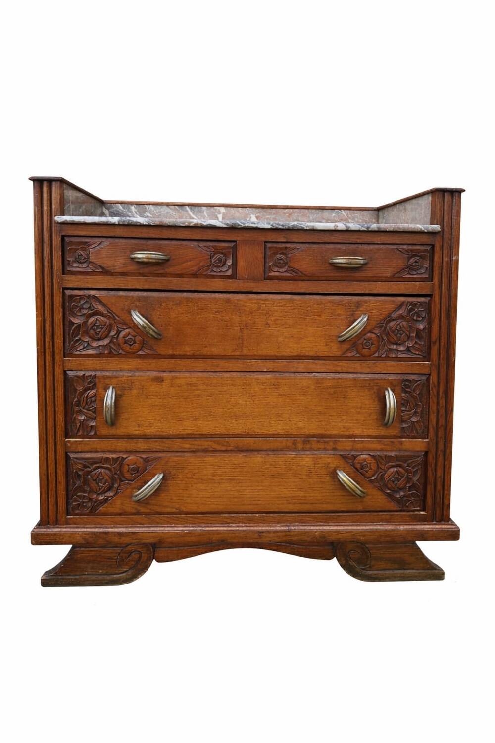 Art Deco chest of drawers, marble top, solid oak, dressing table