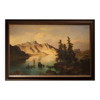 Joseph Brunner, Austrian Landscape with Lake and Mountain Painting, 1869, Oil on Canvas, Framed