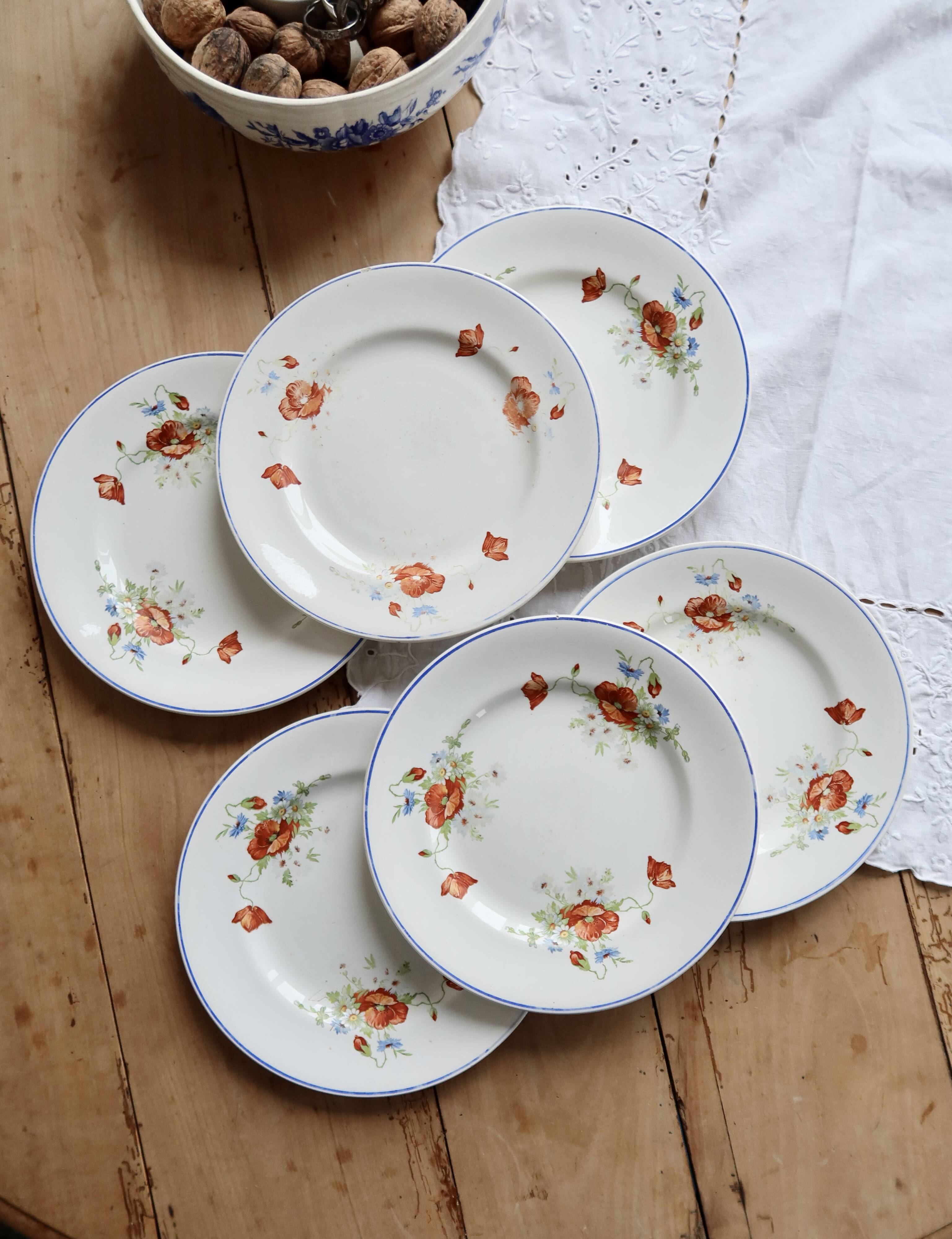 6 assiettes plates anciennes faience Salins - Modèle coquelicot