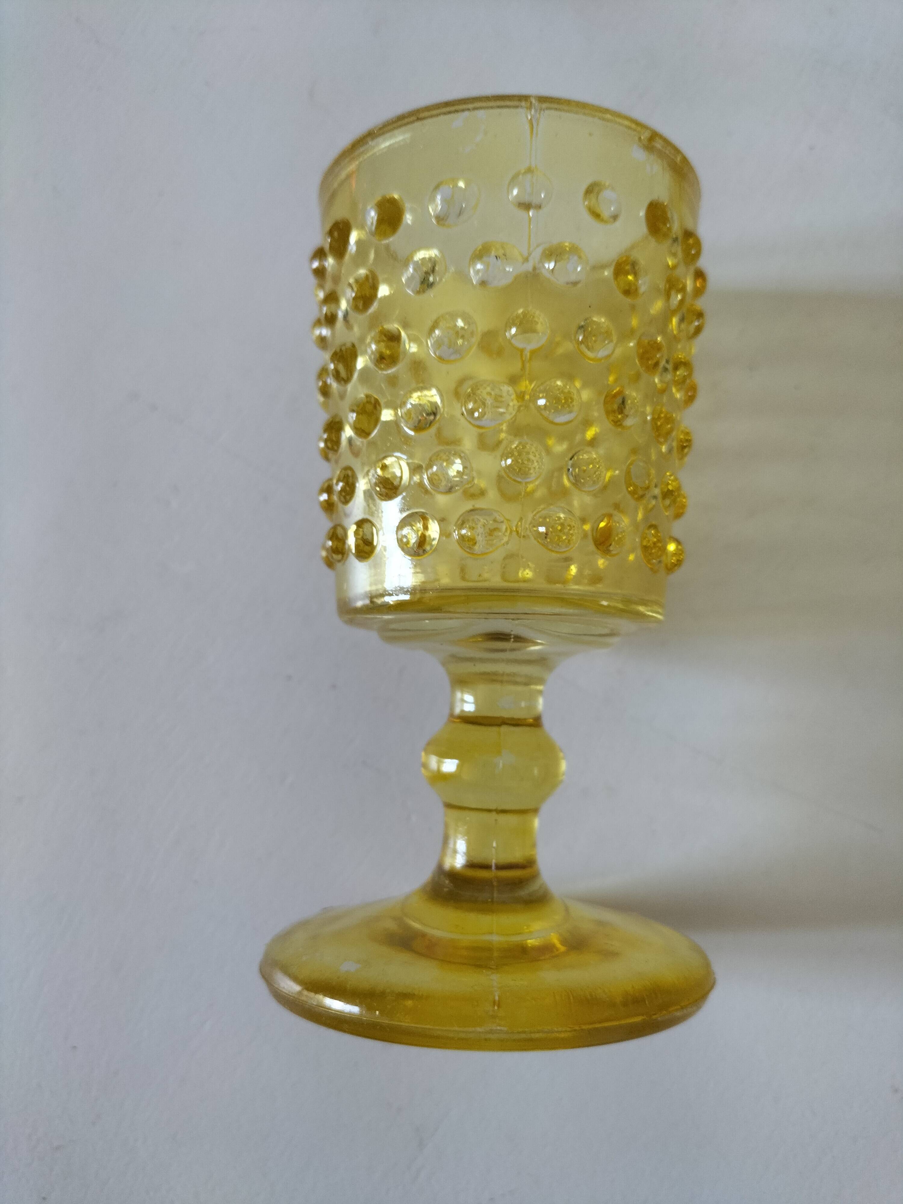 4 vintage stemmed glasses in hobnail glass and smoke colour.