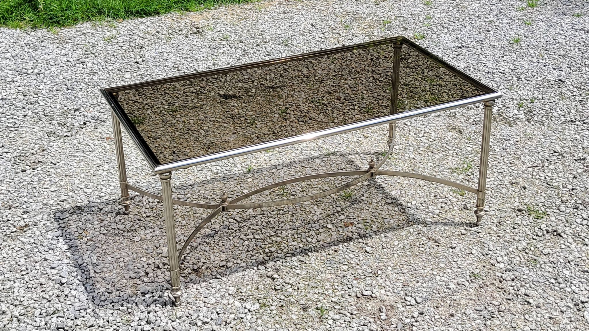 Chrome metal coffee table with smoked glass top in neoclassical style, 1970s.
