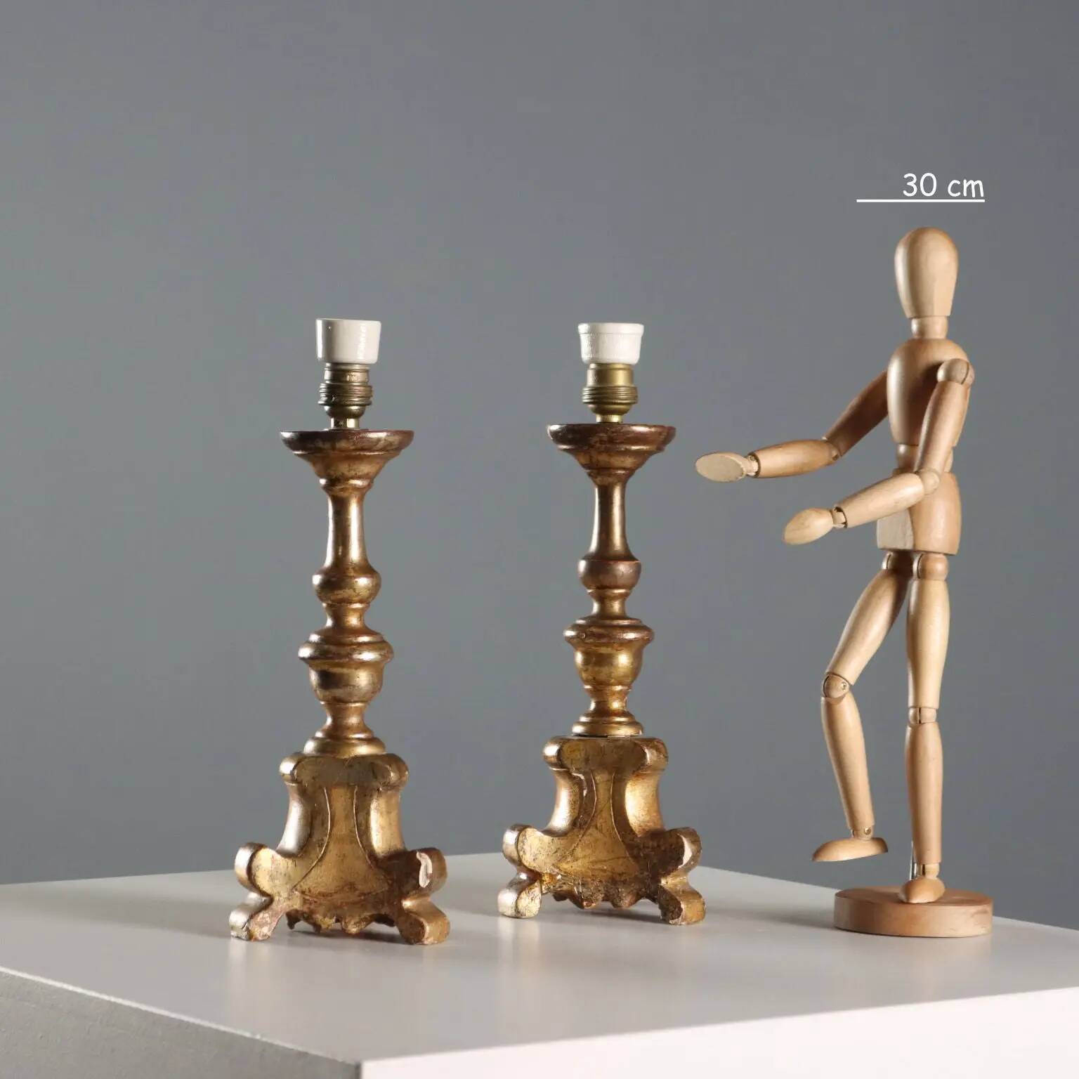 Pair of antique carved wooden candlesticks, Italy, 19th century