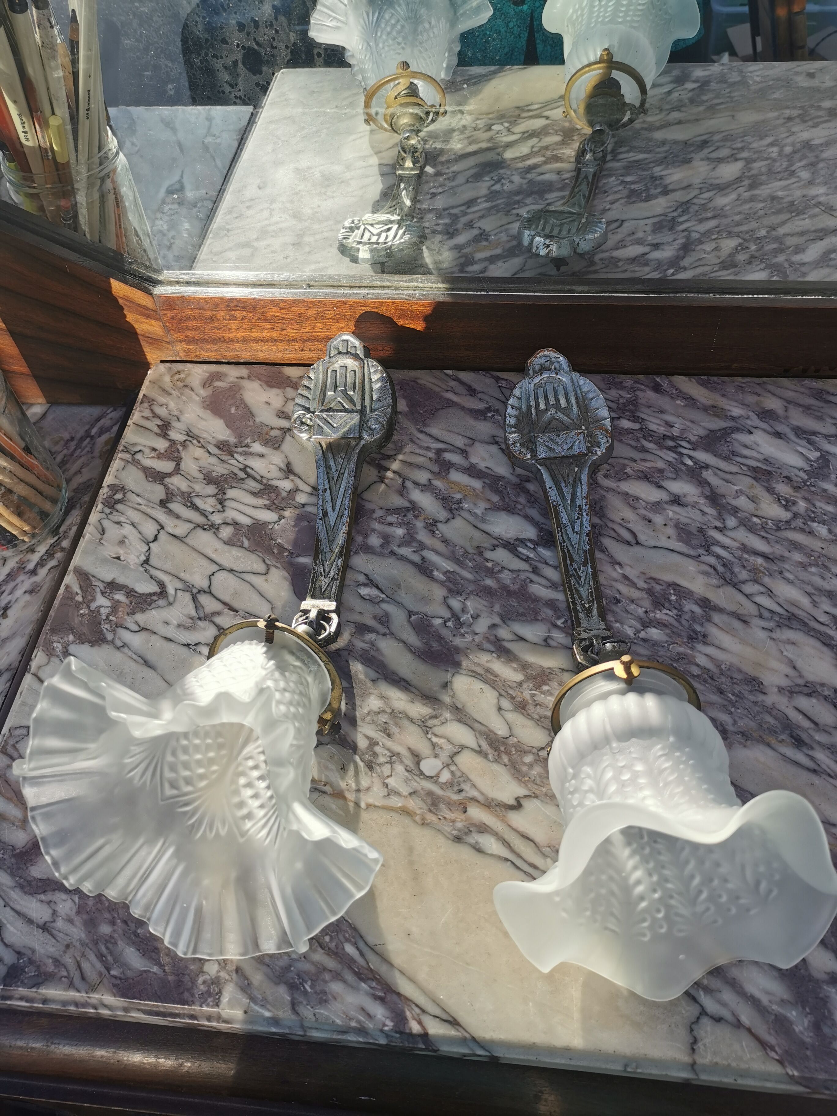 Pair of Art Deco wall lamps glass and metal