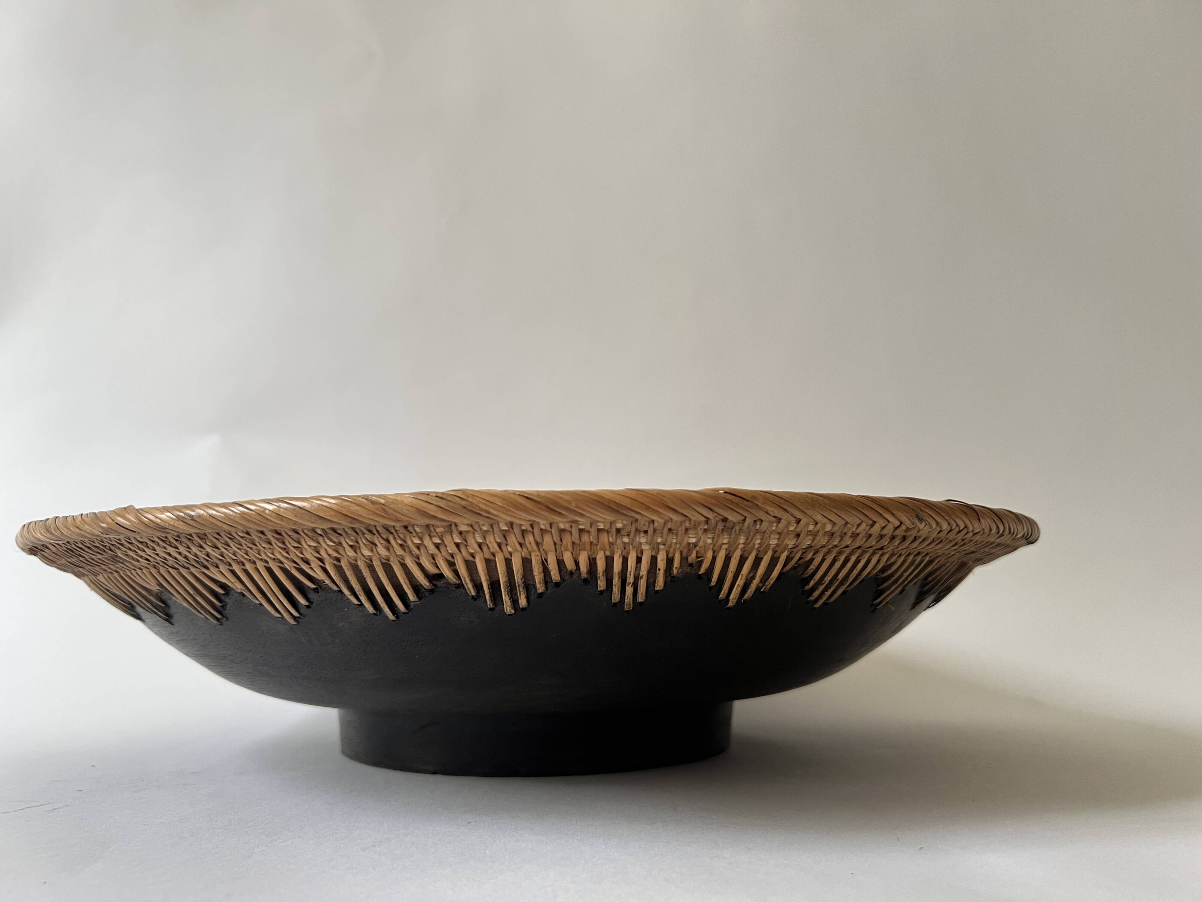 Large basket/trinket tray in blackened wood, wickerwork & mother-of-pearl