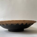 Large basket/trinket tray in blackened wood, wickerwork & mother-of-pearl