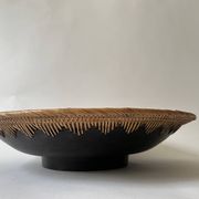 Large basket/trinket tray in blackened wood, wickerwork & mother-of-pearl