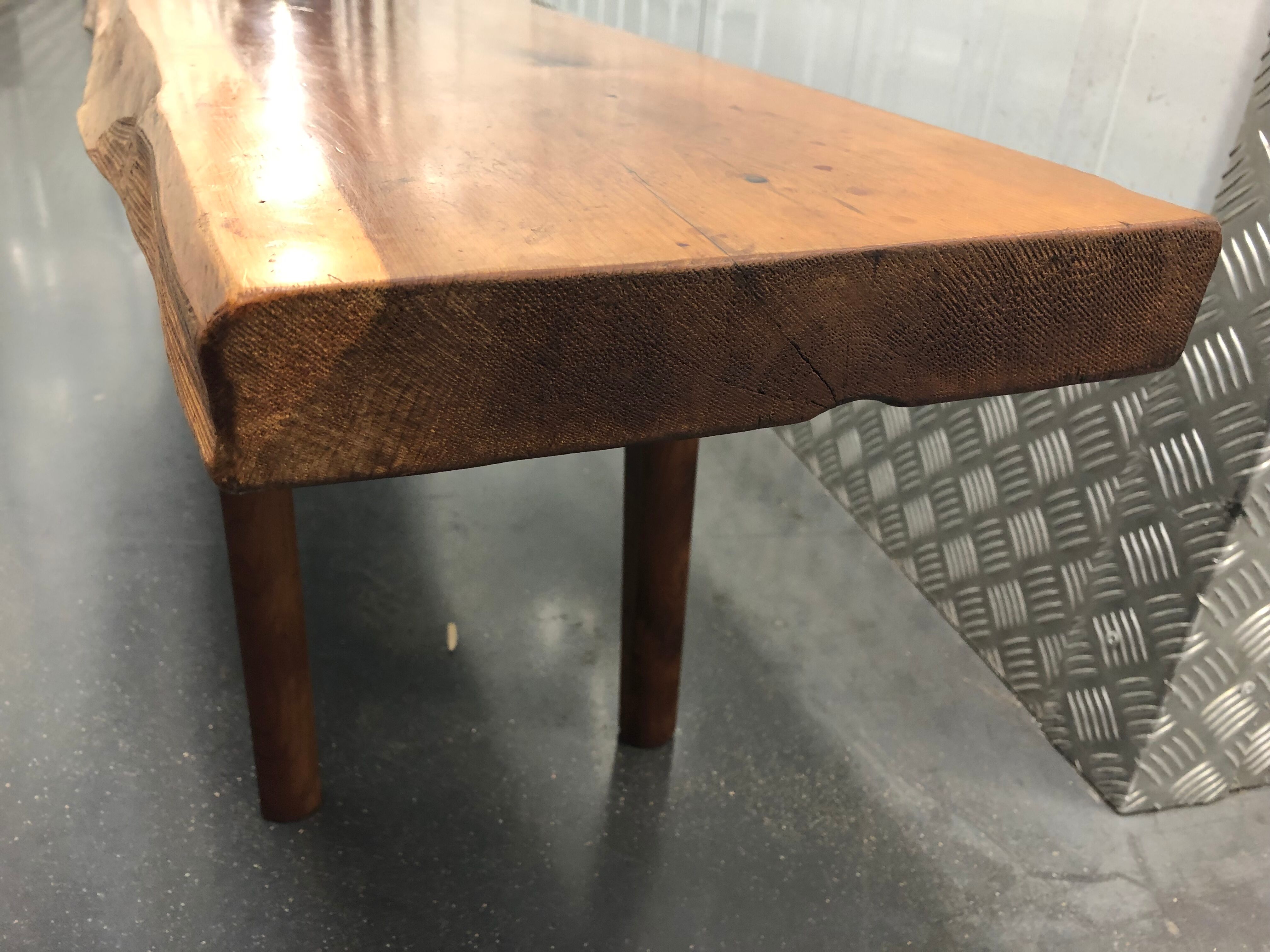Wooden yew timbered bench stamped Reynolds of Ludlow, circa 1960