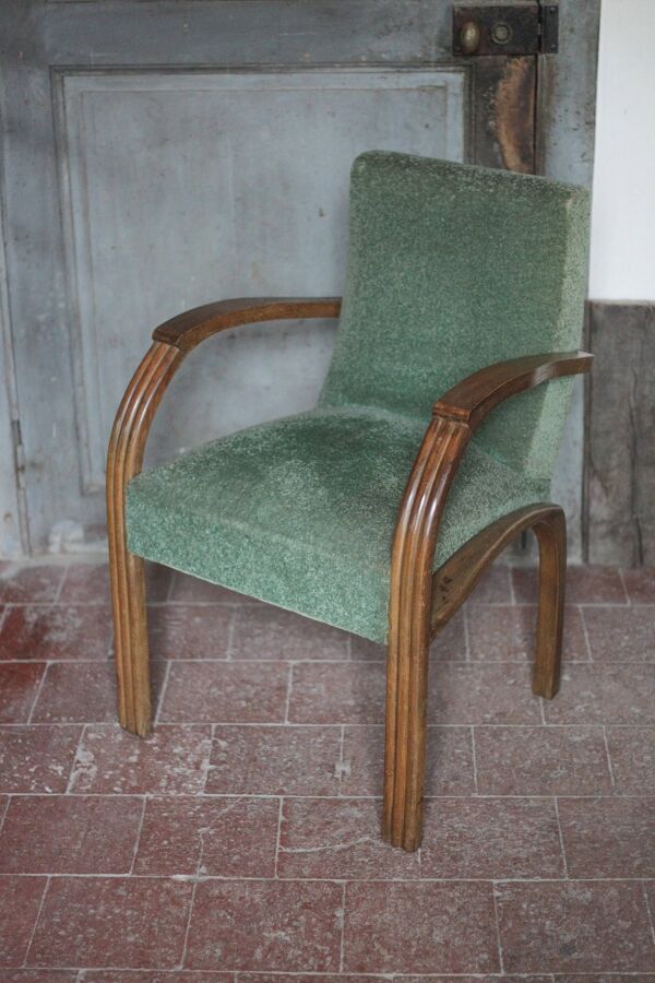 Fauteuil Art déco bois et tissu vert, fauteuil de salon, déco intérieur