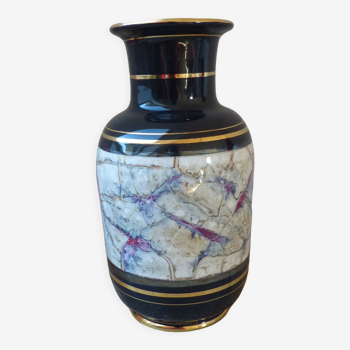 Vase vintage noir et doré, vase décoré de nervures, vase en céramique noir marbre, vase oriental