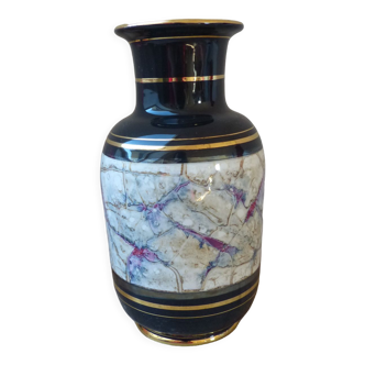 Black and gold vintage vase, ribbed decorated vase, black marble ceramic vase, oriental vase