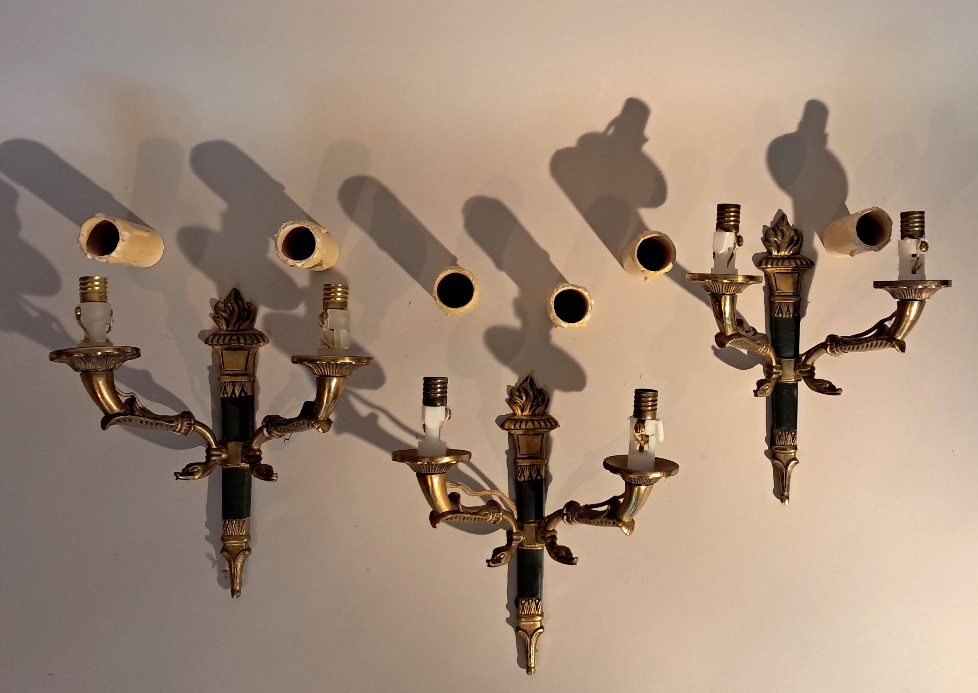 Set of 3 Empire style wall lights in bronze and gilded and green lacquered brass, Circa 1950.