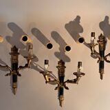 Set of 3 Empire style wall lights in bronze and gilded and green lacquered brass, Circa 1950.