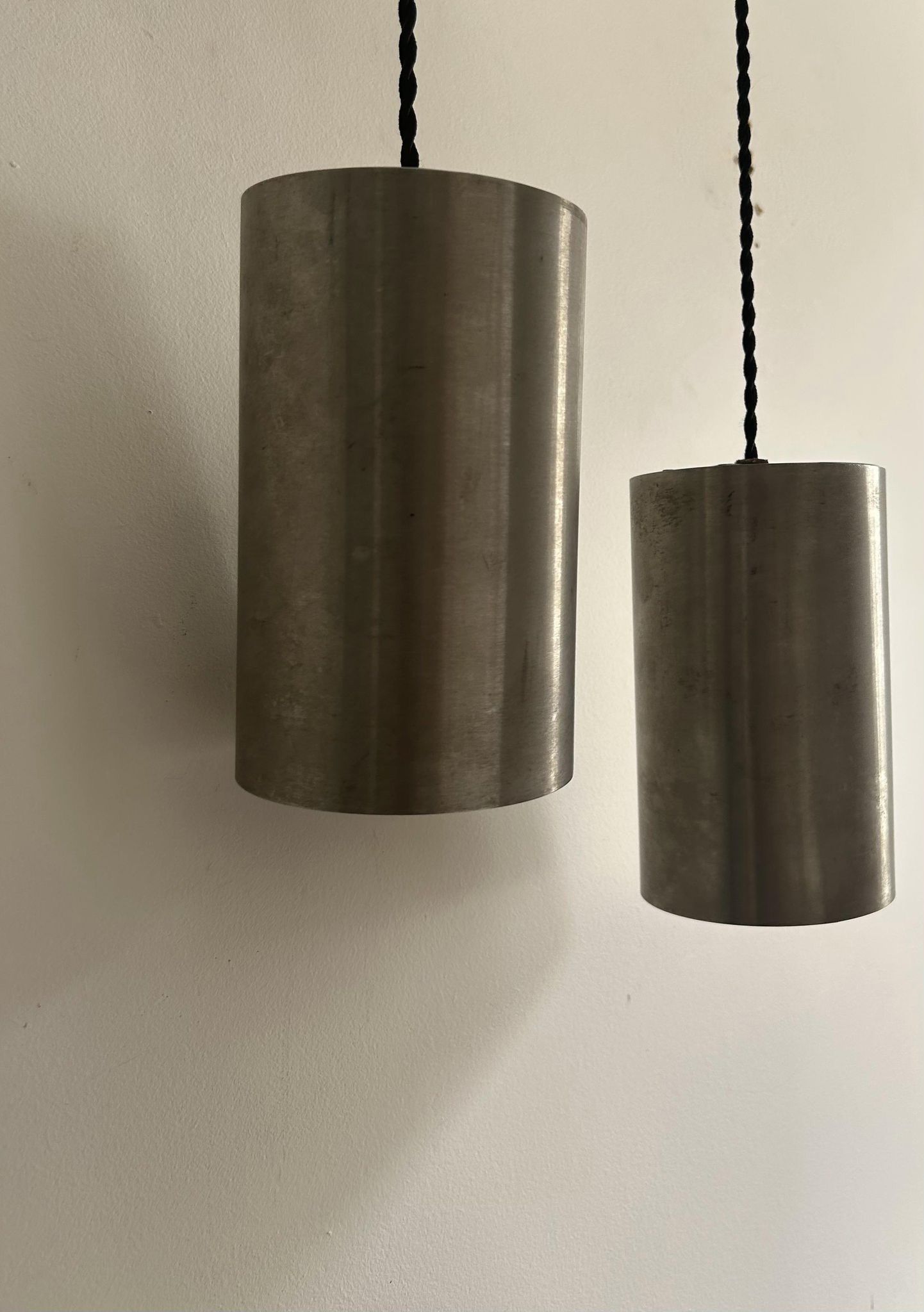 Pair of vintage brushed metal pendant lamps, France 1960