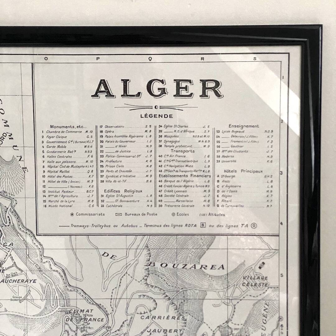 Vintage map of Algiers 1958, framed in wood and glass.