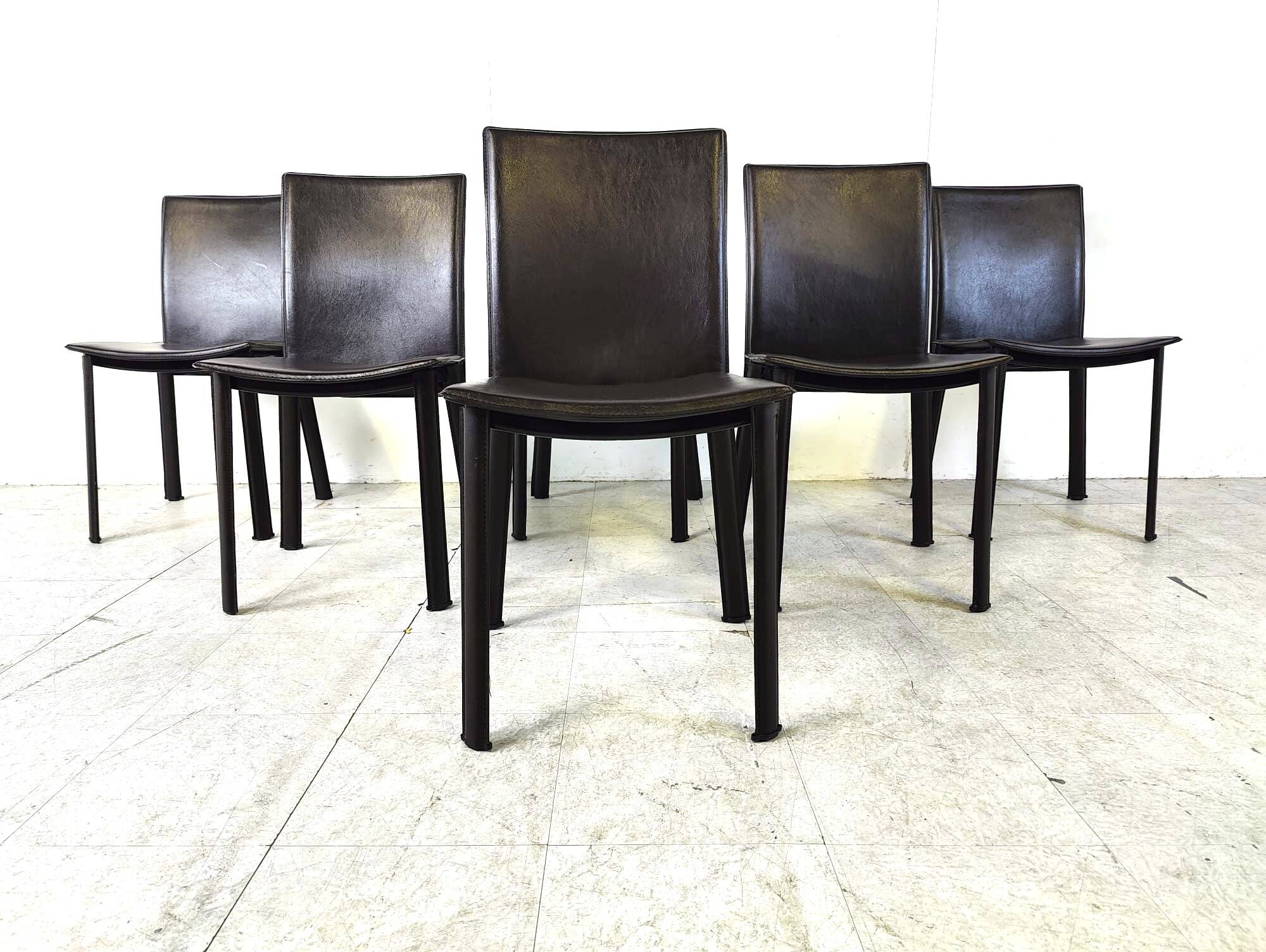 Vintage brown leather dining chairs, 1980s