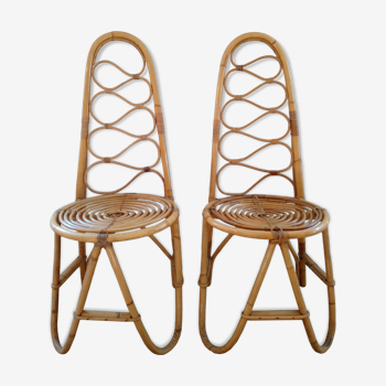 Paire de chaises en bambou et rotin années 70