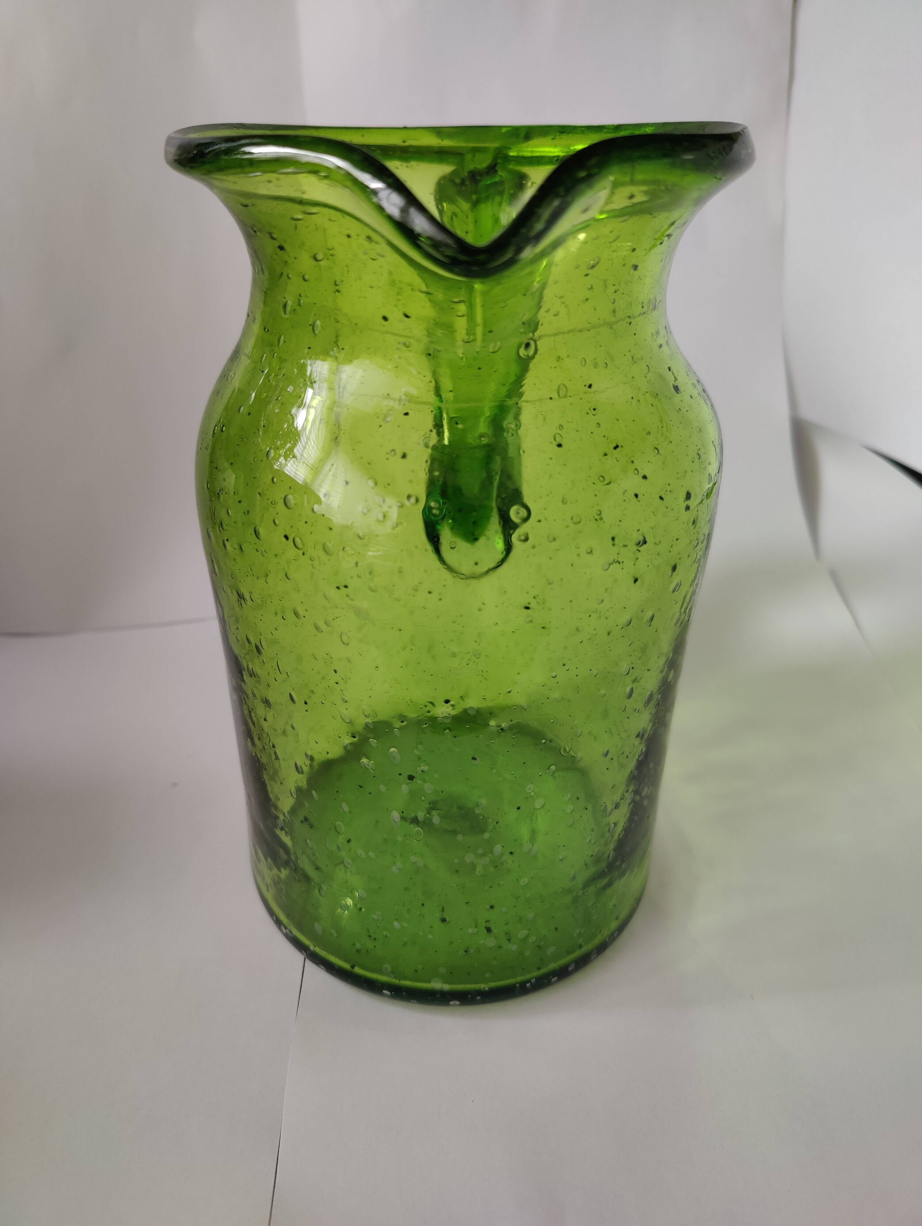 Bubble glass pitcher in the style of Biot or Empoli.