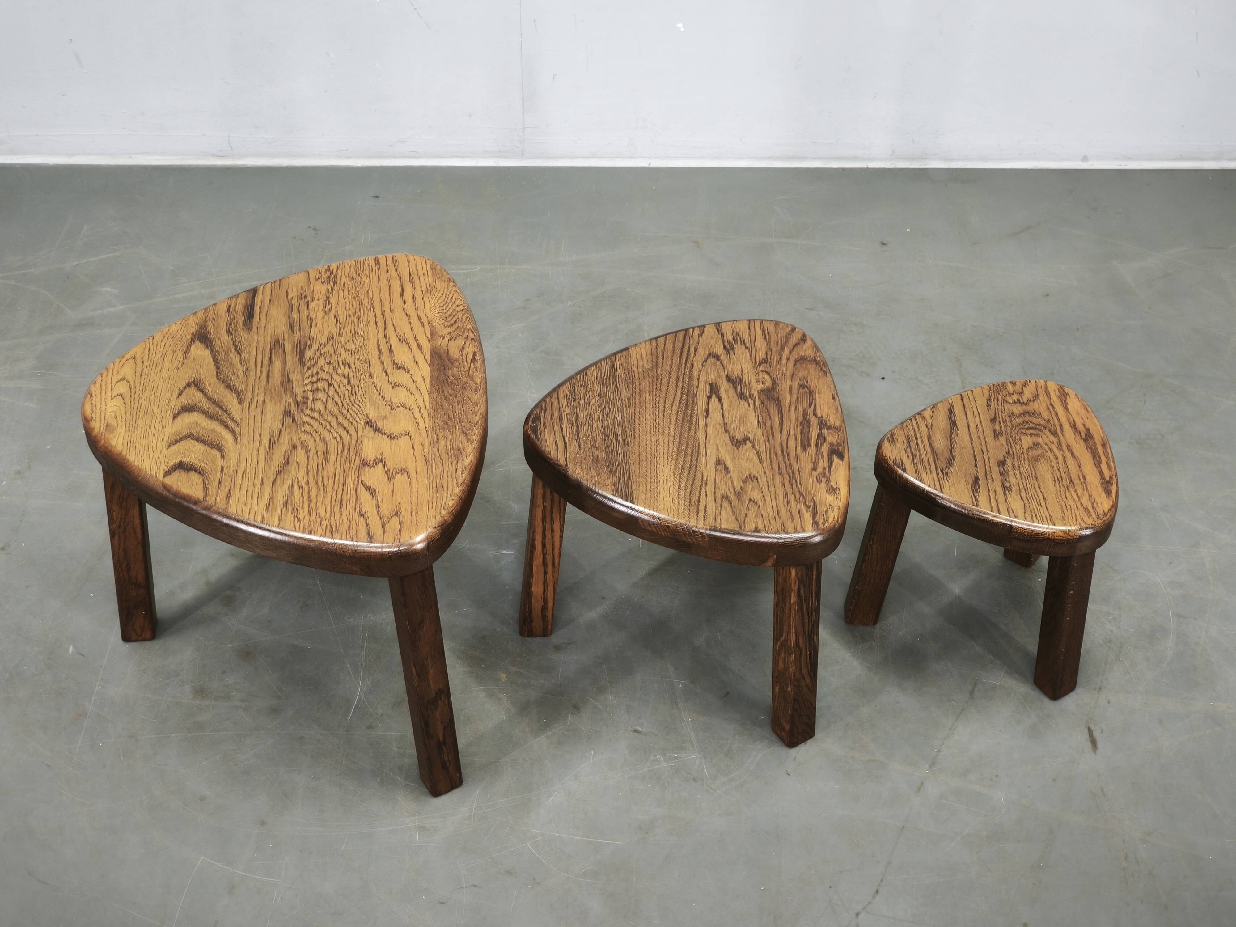 1960s Czechoslovak Mid-Century Solid Oak Nesting Tables, Set of Three