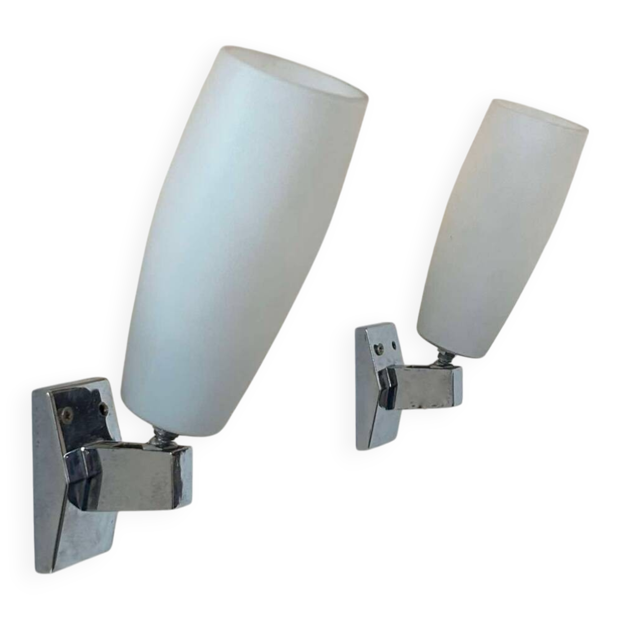 Pair of vintage adjustable wall lights, chrome and opaline, France 1970