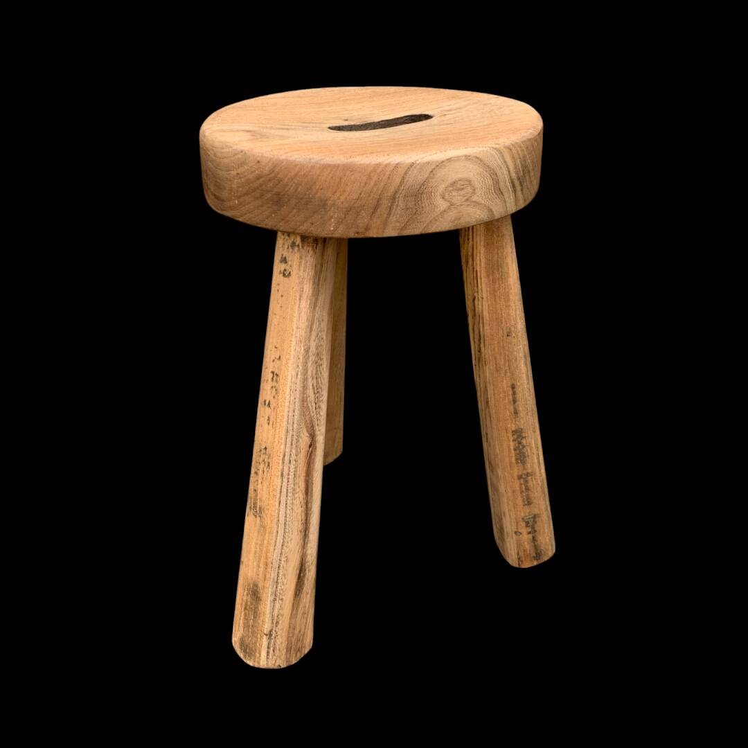 Antique brutalist tripod stool in solid wood