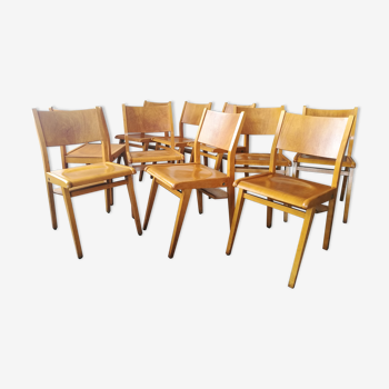 Lot de 10 chaises de théâtre bois miel