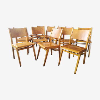Set of 10 theater chairs wood honey