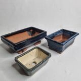 Set of three bonzaï pots of different formats in enamelled terracotta