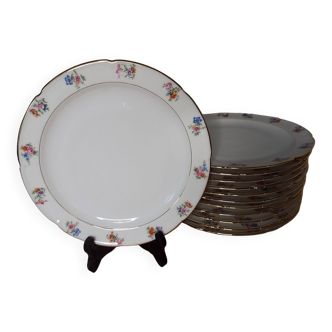 12 assiettes plates fleuries en porcelaine