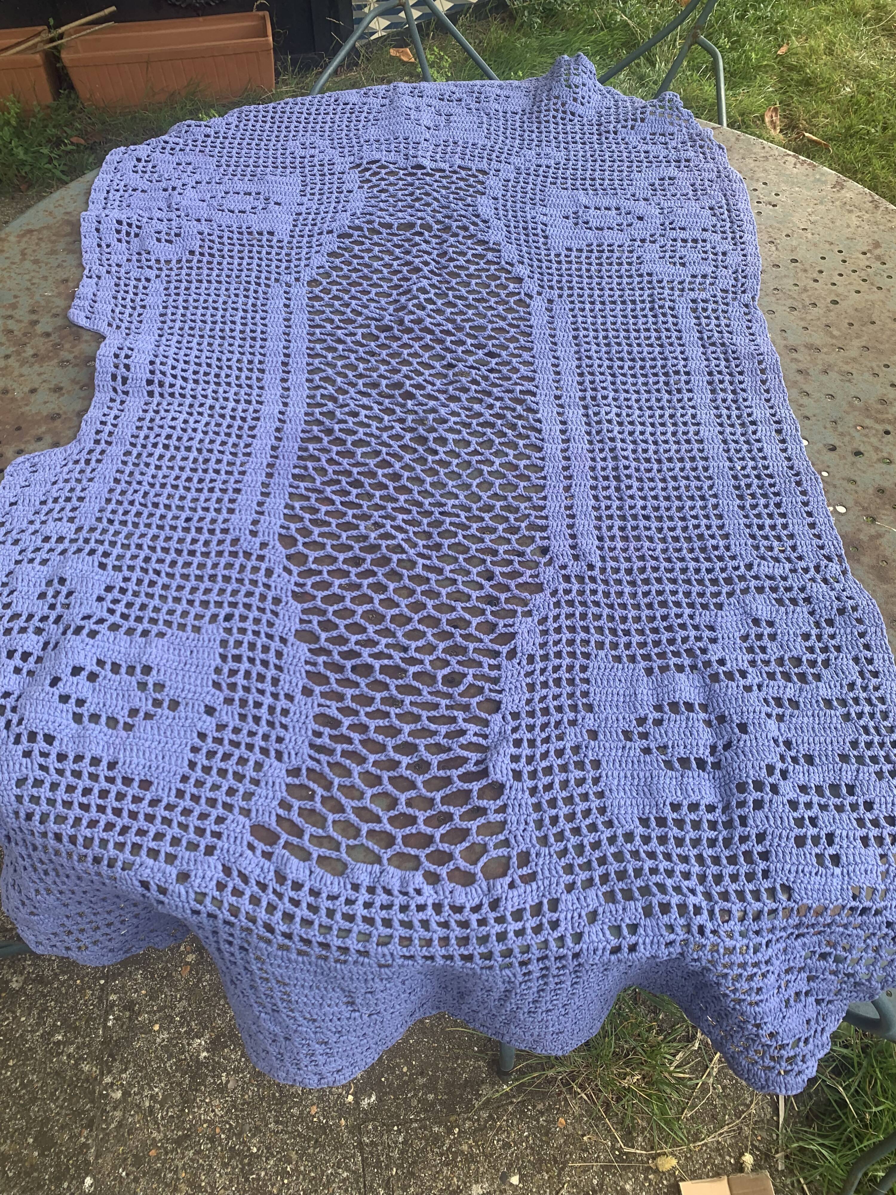 Handmade, blue-purple crocheted, vintage table runner or plaid