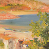Impressionist seaside landscape with village