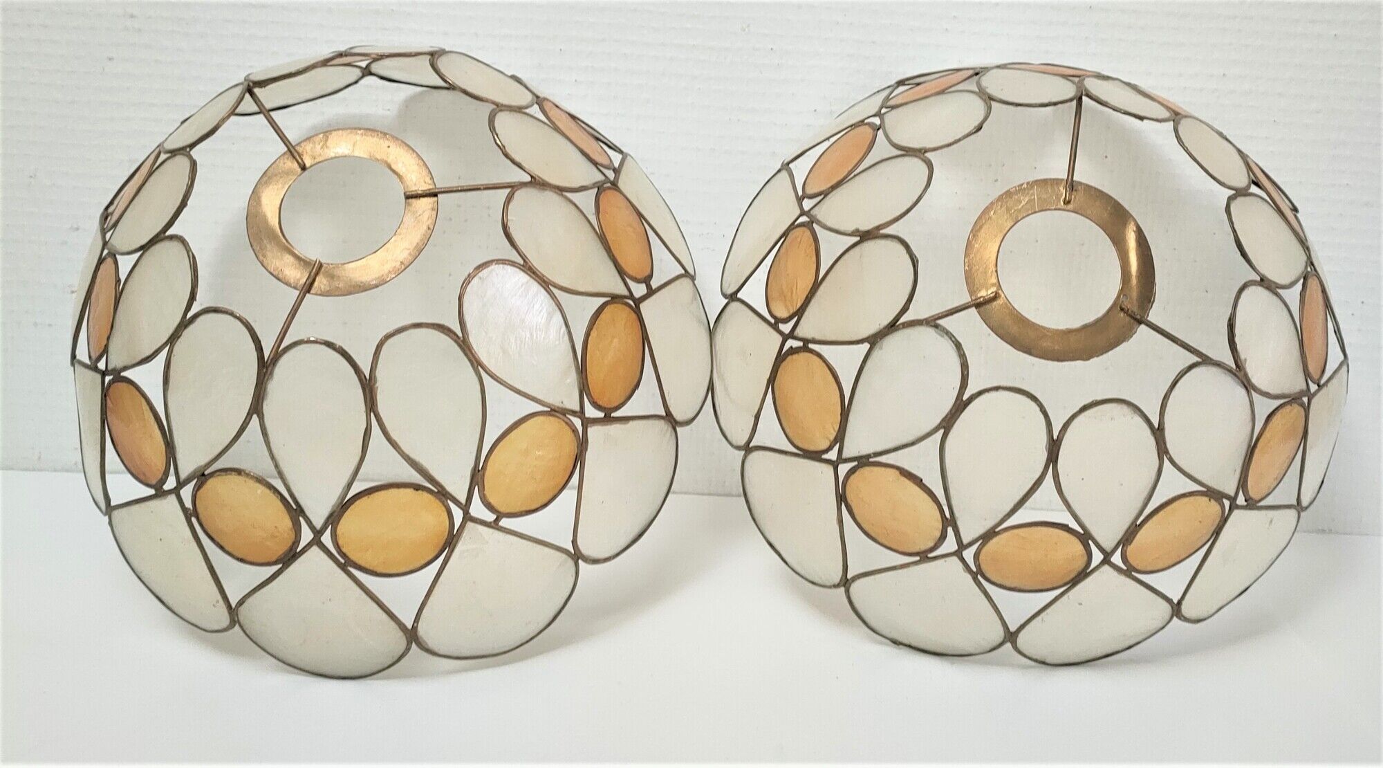 Pair of Capiz mother-of-pearl lampshade and vintage gilded metal
