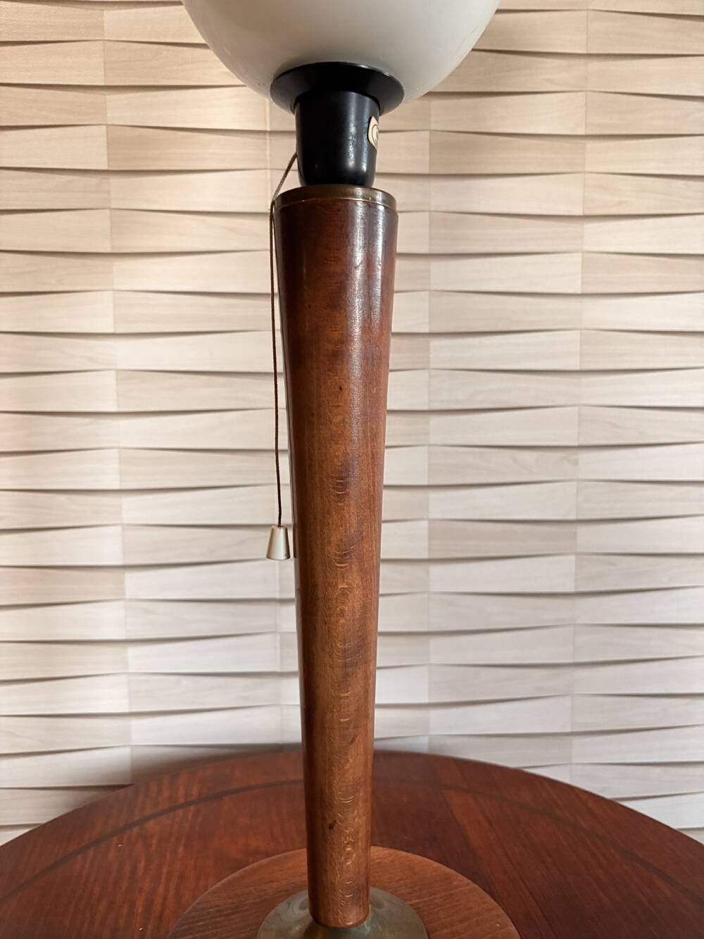 Vintage Unilux lamp in wood and opal glass, Scandinavian style.