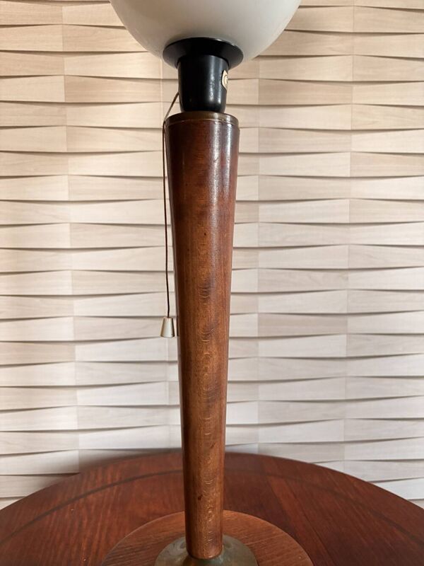 Lampe vintage Unilux en bois et verre opalin