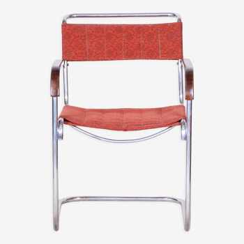 Red Bauhaus Armchair by Marcel Breuer, Mücke - Melder, Beech, Chrome, Czechia, 1930s