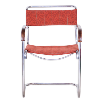 Red Bauhaus Armchair by Marcel Breuer, Mücke - Melder, Beech, Chrome, Czechia, 1930s