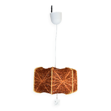 Brown wire and wood pendant light.