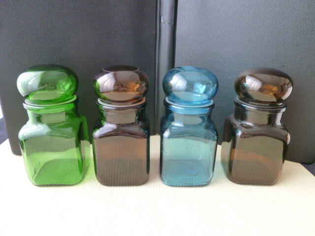 Set of 4 jars or bottles in colored glass Ariel 70s