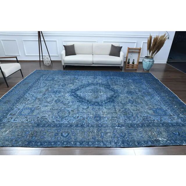 1970s Vintage Persian Handmade Wool Cotton Blue Area Rug 297x385