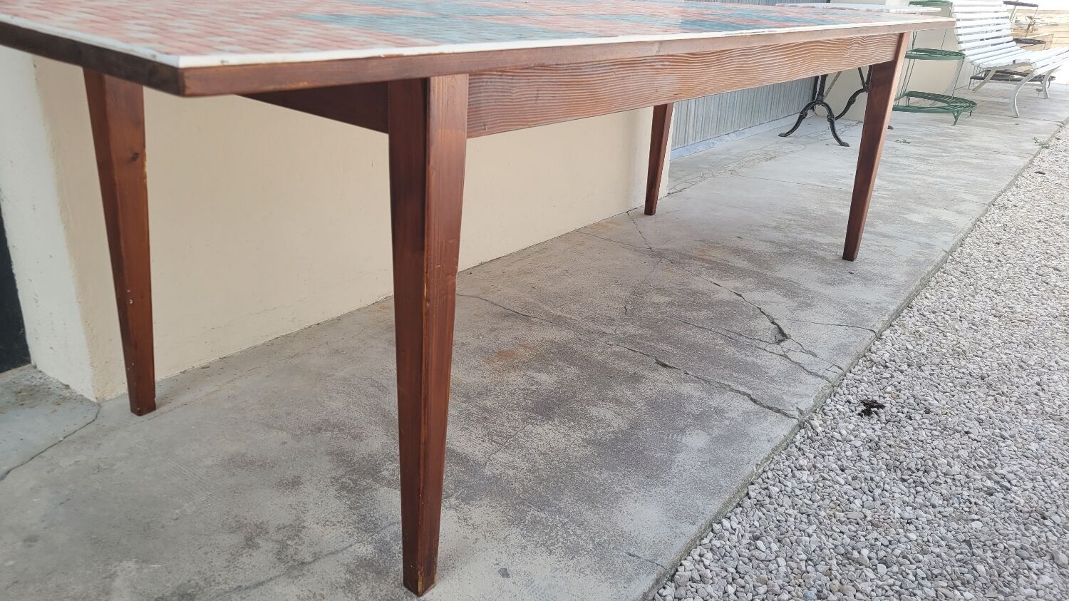 Old farmhouse table with mosaic top and tapered legs - 2m64