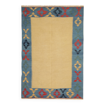 Grand tapis Kilim jaune, tapis tribal géométrique en laine dorée 300 x 202 cm
