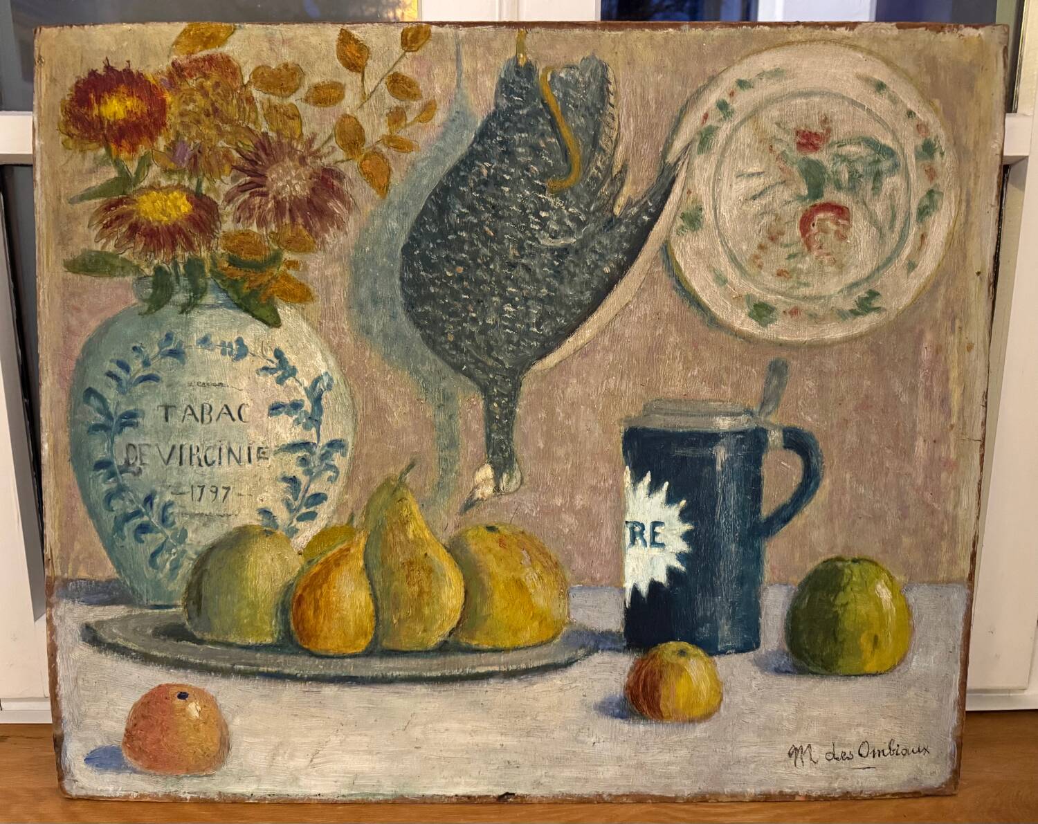 Still life with fruits, flowers and pheasant signed 20th century