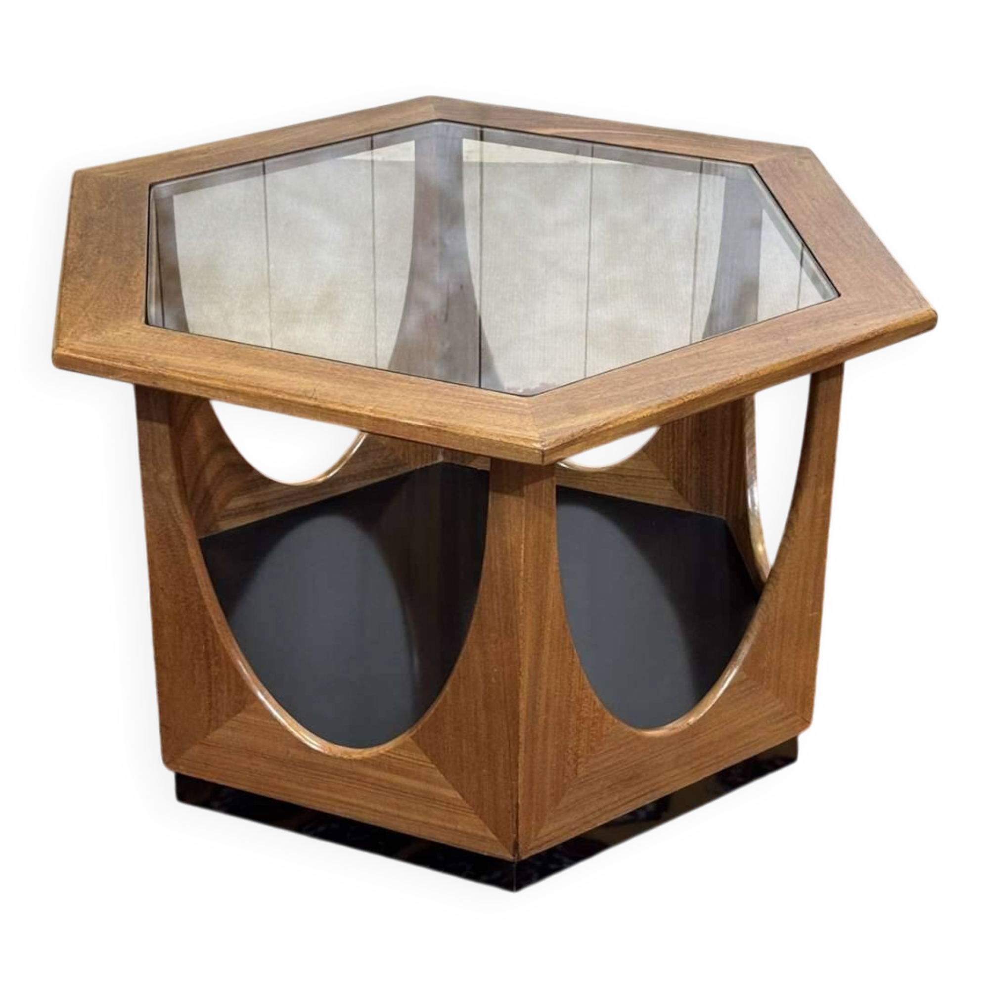 1970s octagonal GPlan gueridon in teak with a glass top.