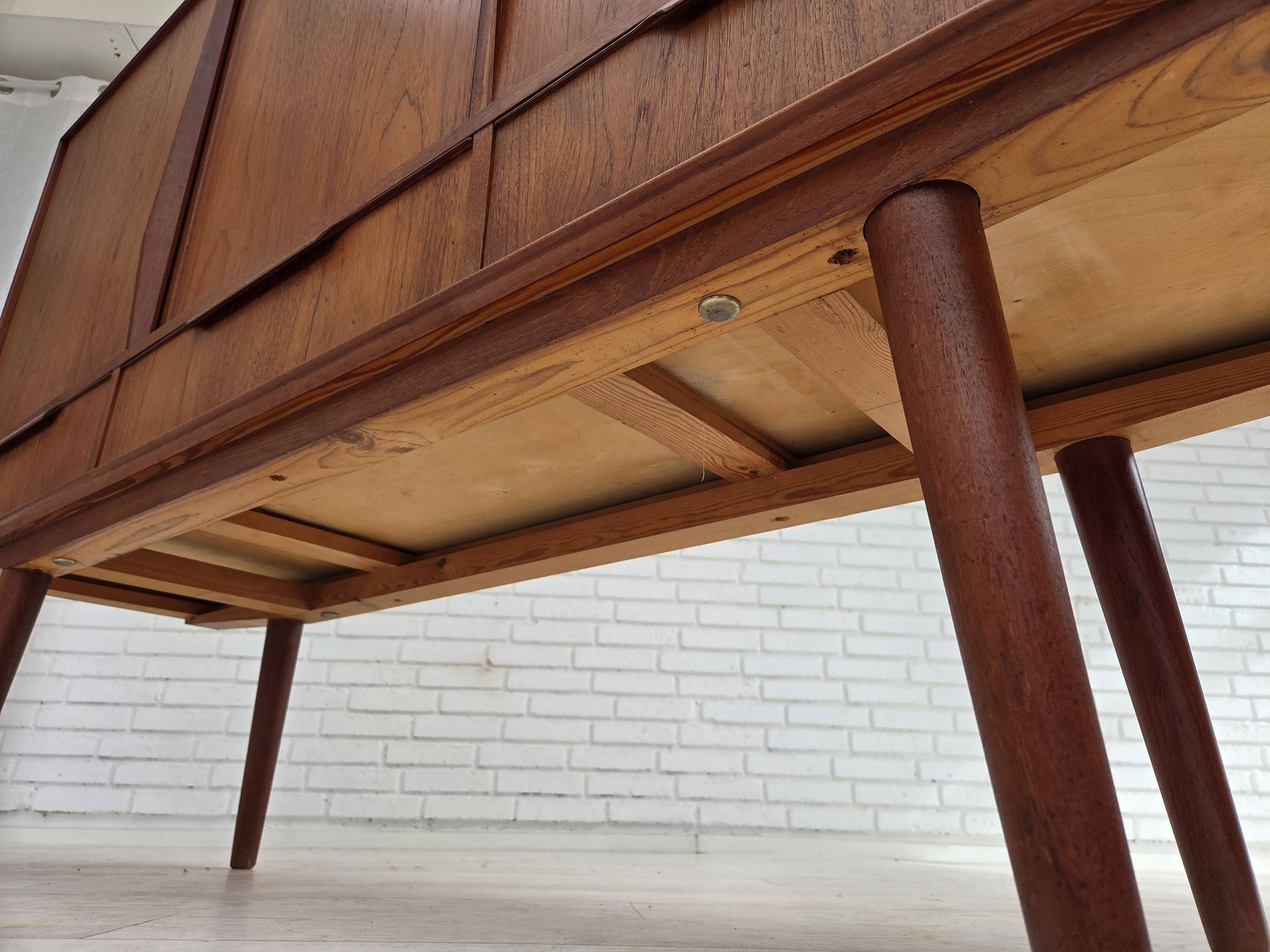 1960s, Danish chest of drawers, teak wood, mirror inside, sliding doors.