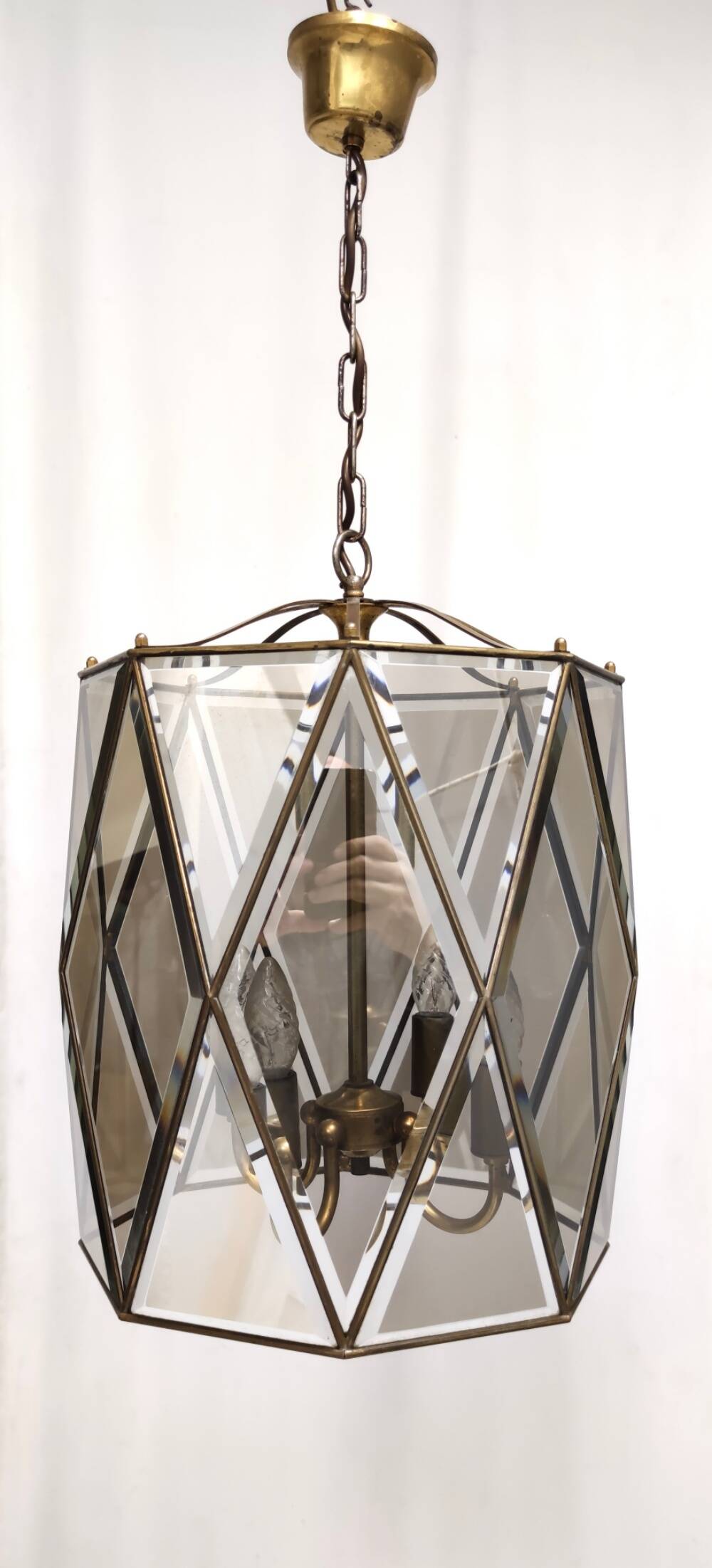 Handmande Octagonal Glass and Brass Pendant Lantern, Italy