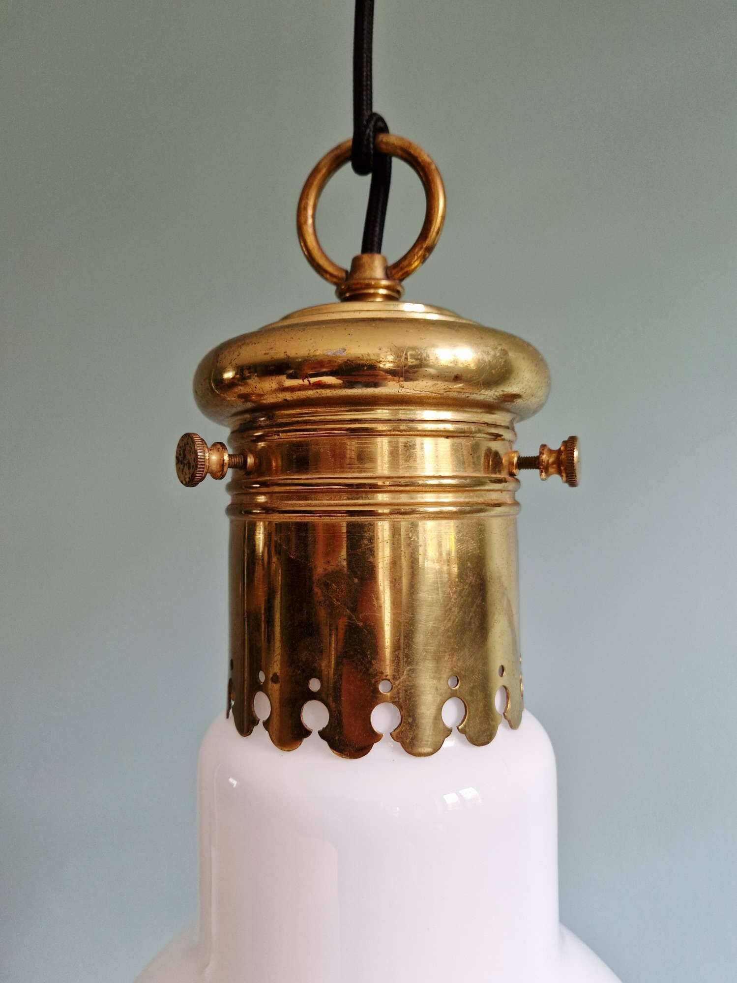 Large bulbous pendant light in white opaline and brass