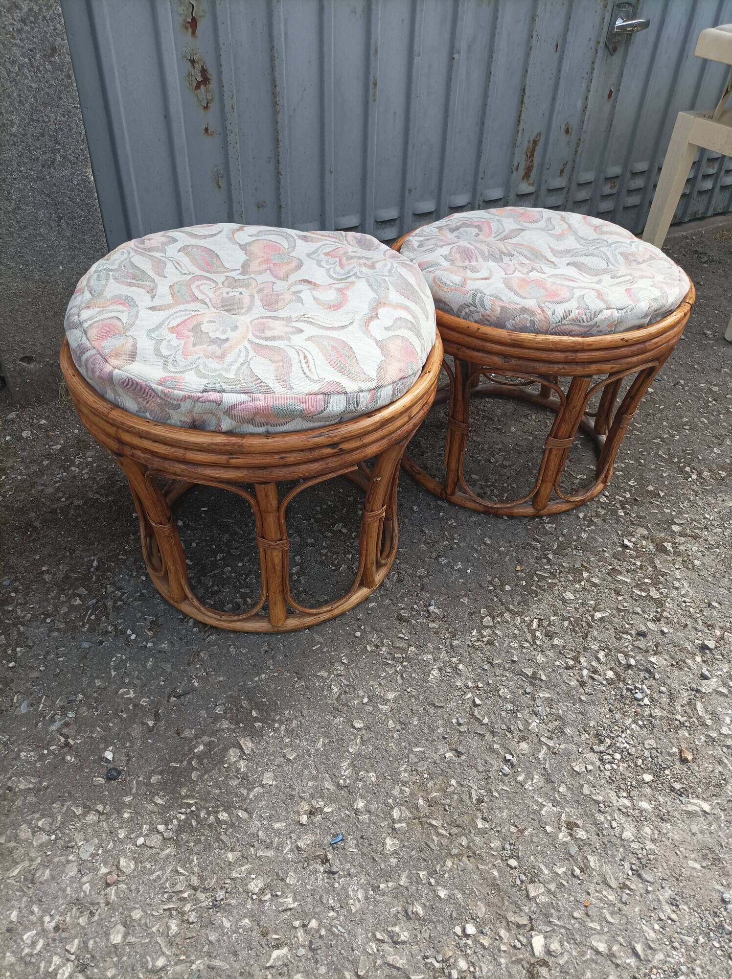 Pair old ottoman stools foot rest round wicker vintage rattan